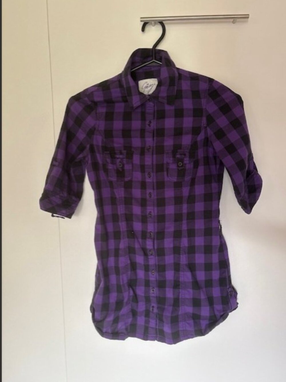 Black and Purple Plaid Collared Adjustable 3-quarter Sleeved Shirt from Garage